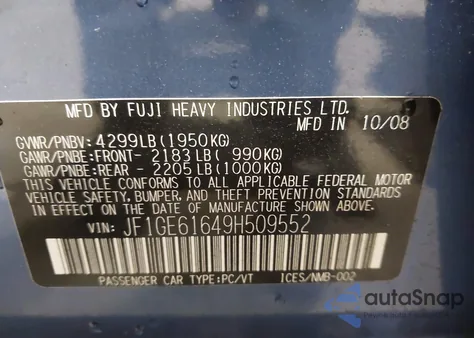 2009 Subaru Impreza 2.5I z USA, uszkodzony, nr VIN JF1GE61649H509552